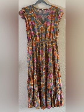 Rusttydustty, 0X, bohemian-style, multi-colored floral print tiered dress